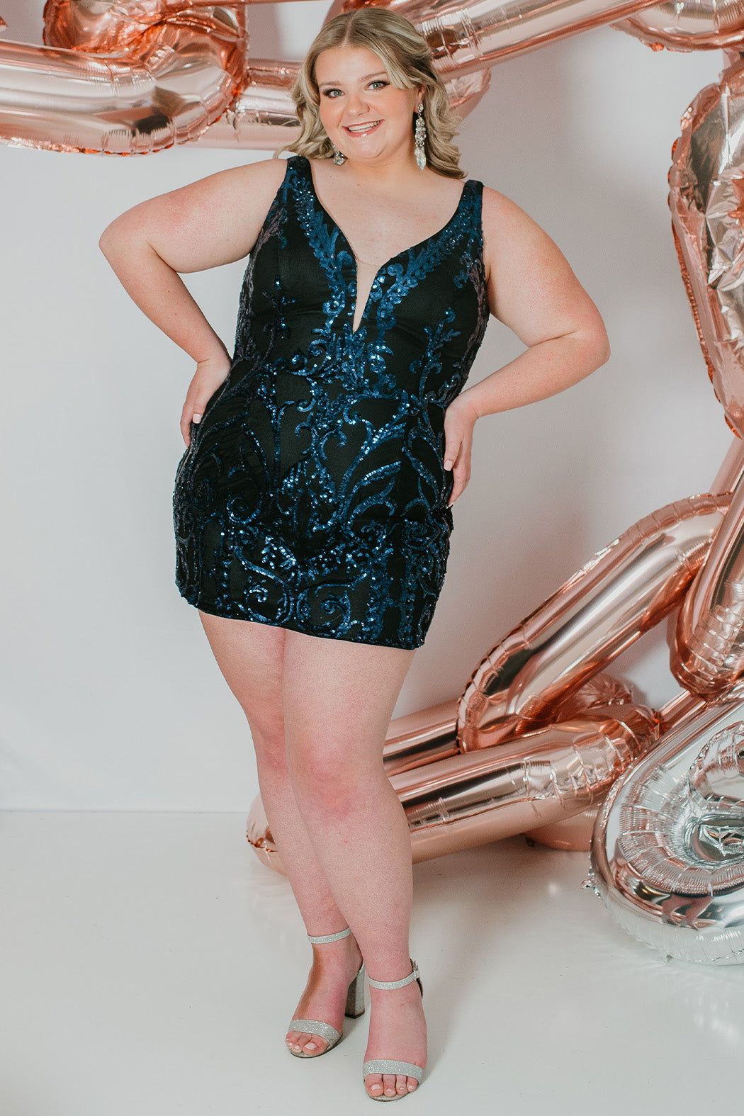 Style Joyce Plus Size 16 Prom Sequined Navy Blue Cocktail Dress on Queenly