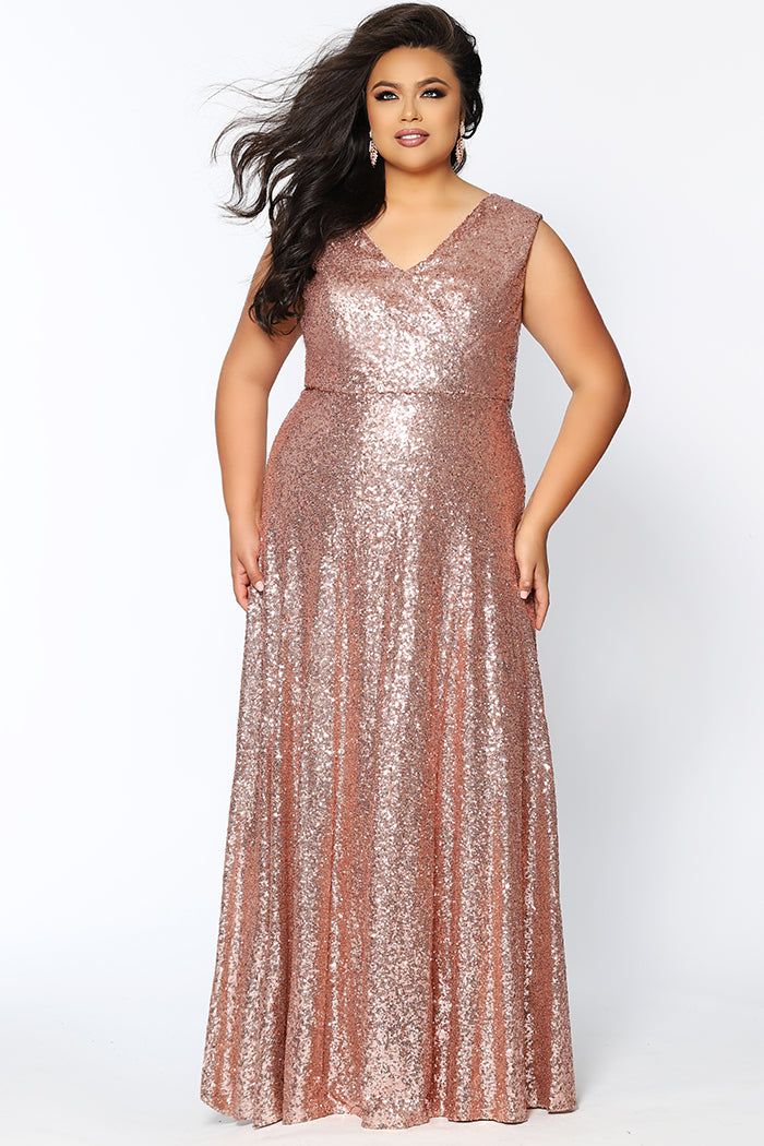 Style CE1801 Sydney's Closet Plus Size 18 Prom Sequined Rose Gold Floor Length Maxi on Queenly