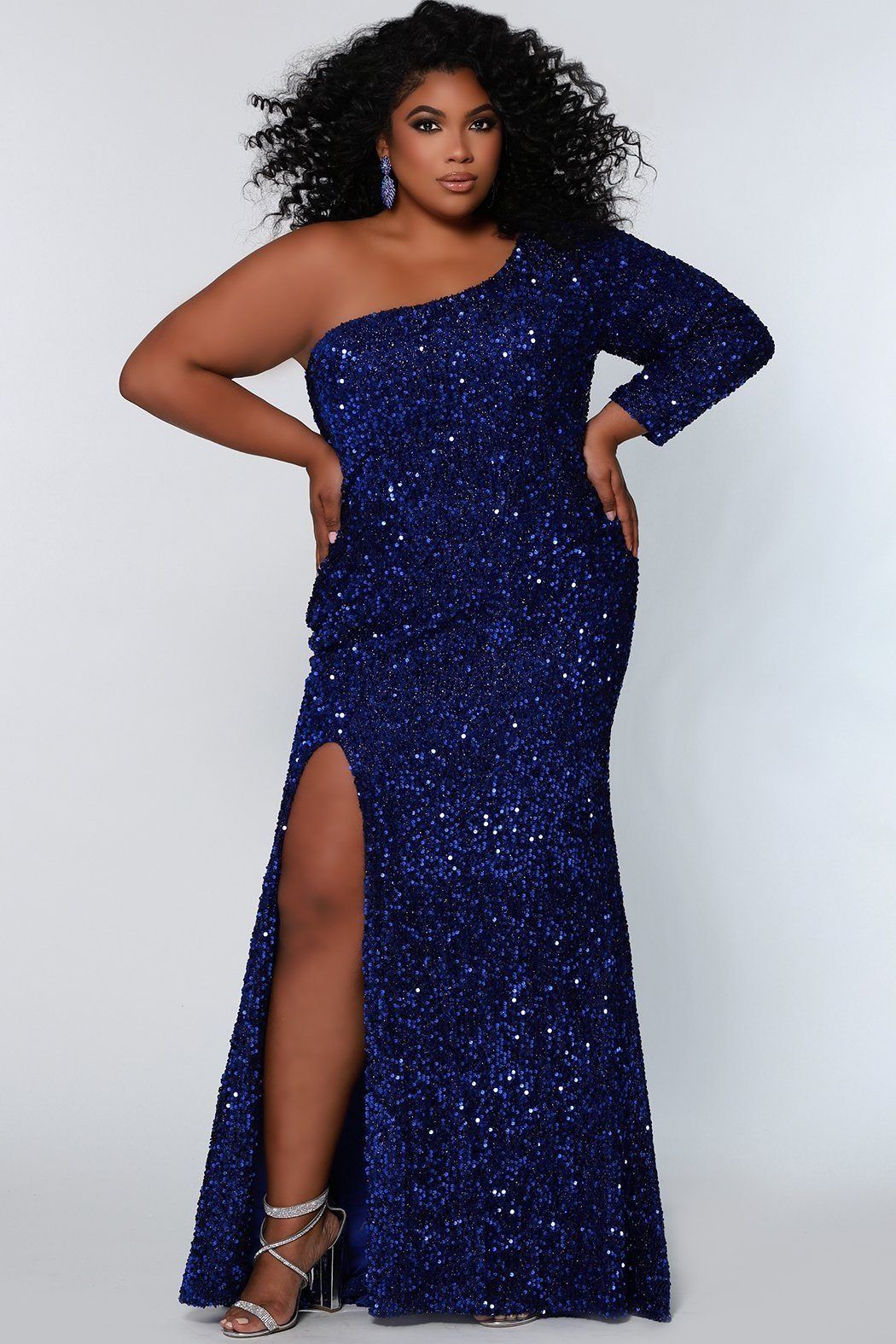 Style SC7319 Sydney's Closet Plus Size 30 Prom Royal Blue Side Slit Dress on Queenly