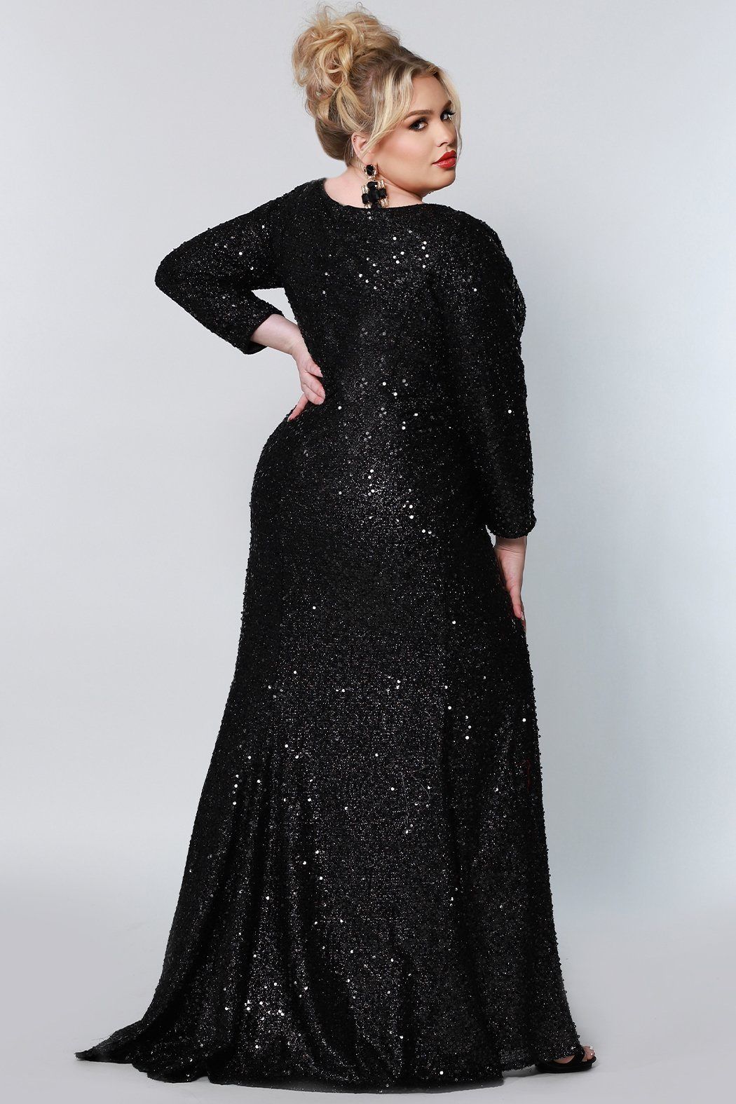 Style SC7320 Sydney's Closet Plus Size 38 Prom Sequined Black Side Slit Dress on Queenly