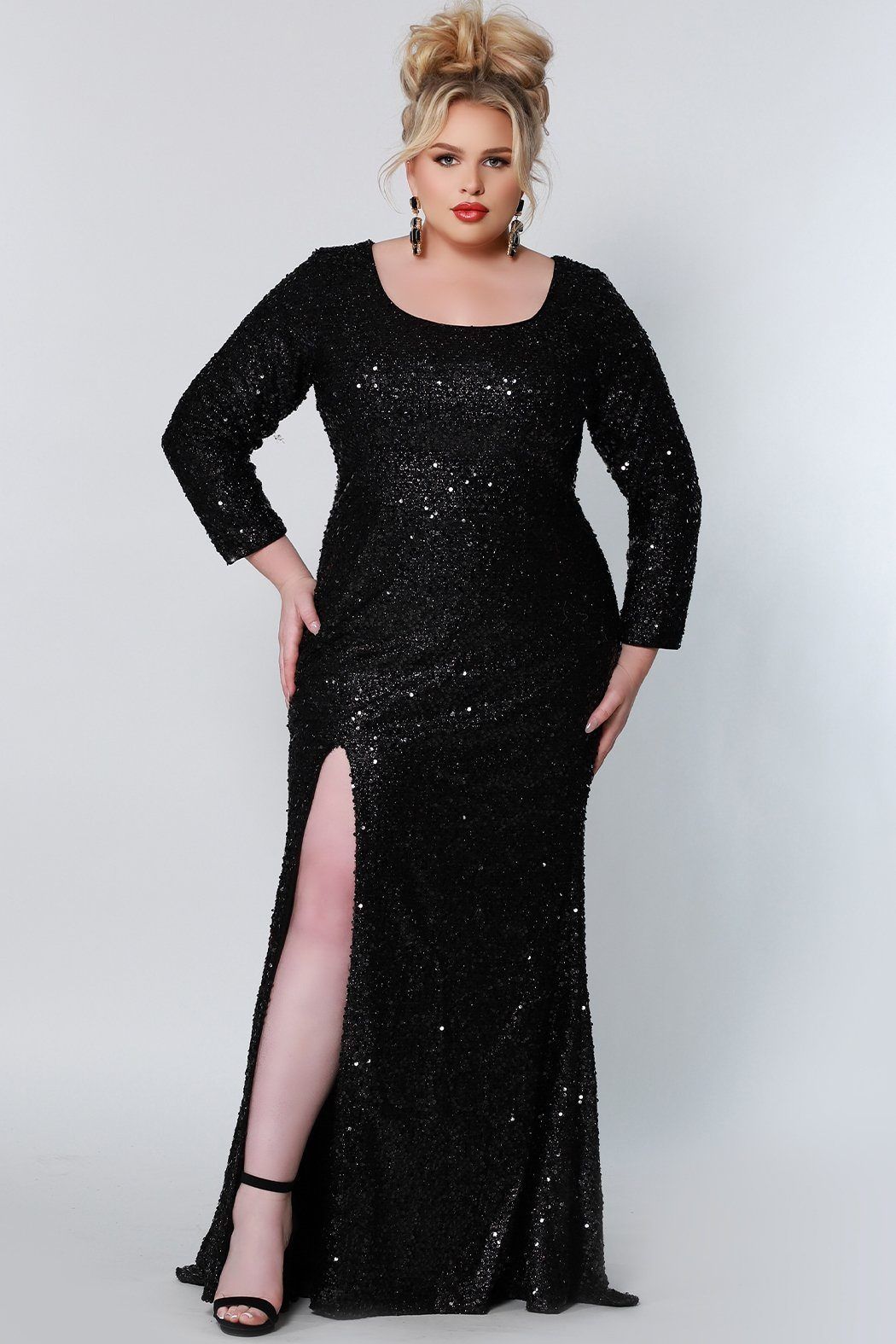Style SC7320 Sydney's Closet Plus Size 40 Prom Sequined Black Side Slit Dress on Queenly