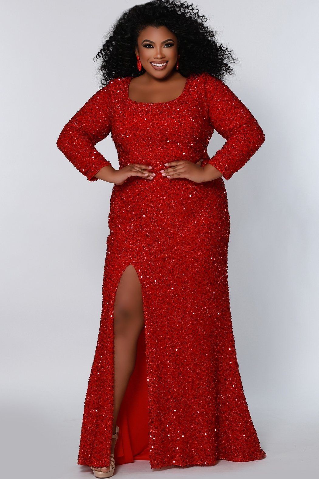Style SC7320 Sydney's Closet Plus Size 30 Prom Sequined Red Side Slit Dress on Queenly