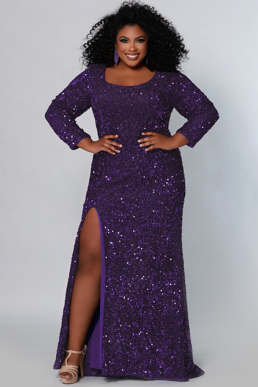 Style SC7320 Sydney's Closet Plus Size 38 Prom Sequined Purple Side Slit Dress on Queenly
