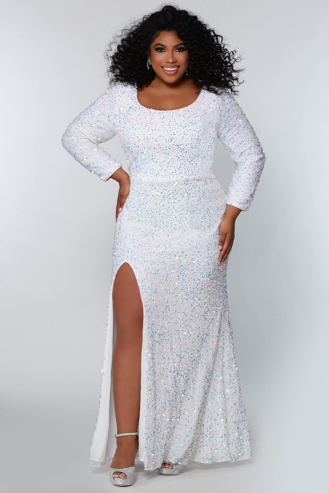 Style SC7320 Sydney's Closet Plus Size 18 Prom Sequined White Side Slit Dress on Queenly