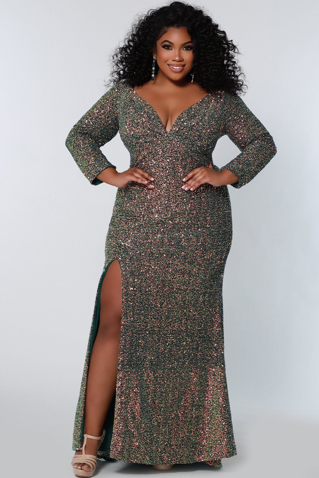 Style SC7333 Sydney's Closet Plus Size 30 Sequined Green Side Slit Dress on Queenly
