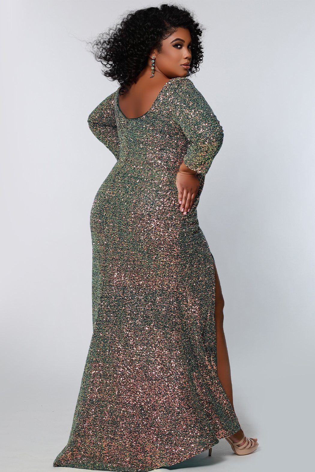 Style SC7333 Sydney's Closet Plus Size 32 Sequined Green Side Slit Dress on Queenly