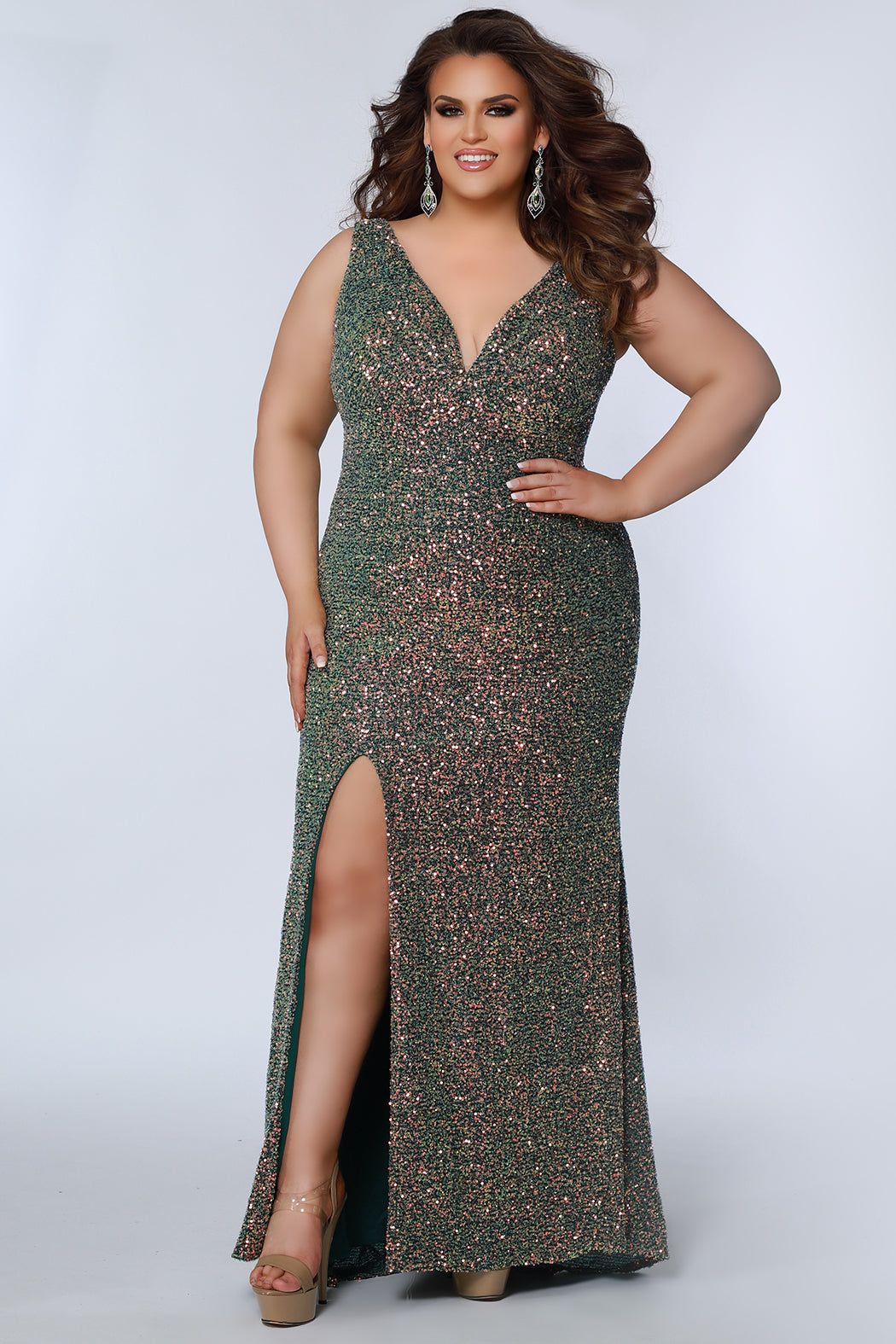 Style SC7339 Sydney's Closet Plus Size 22 Prom Sequined Green Side Slit Dress on Queenly