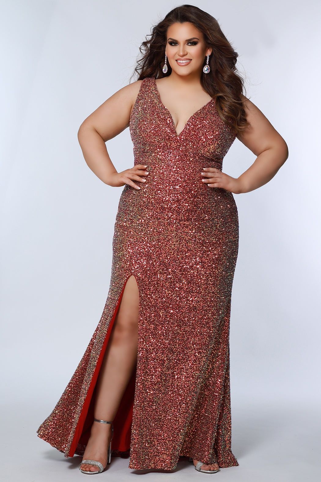 Style SC7339 Sydney's Closet Plus Size 30 Prom Sequined Red Side Slit Dress on Queenly