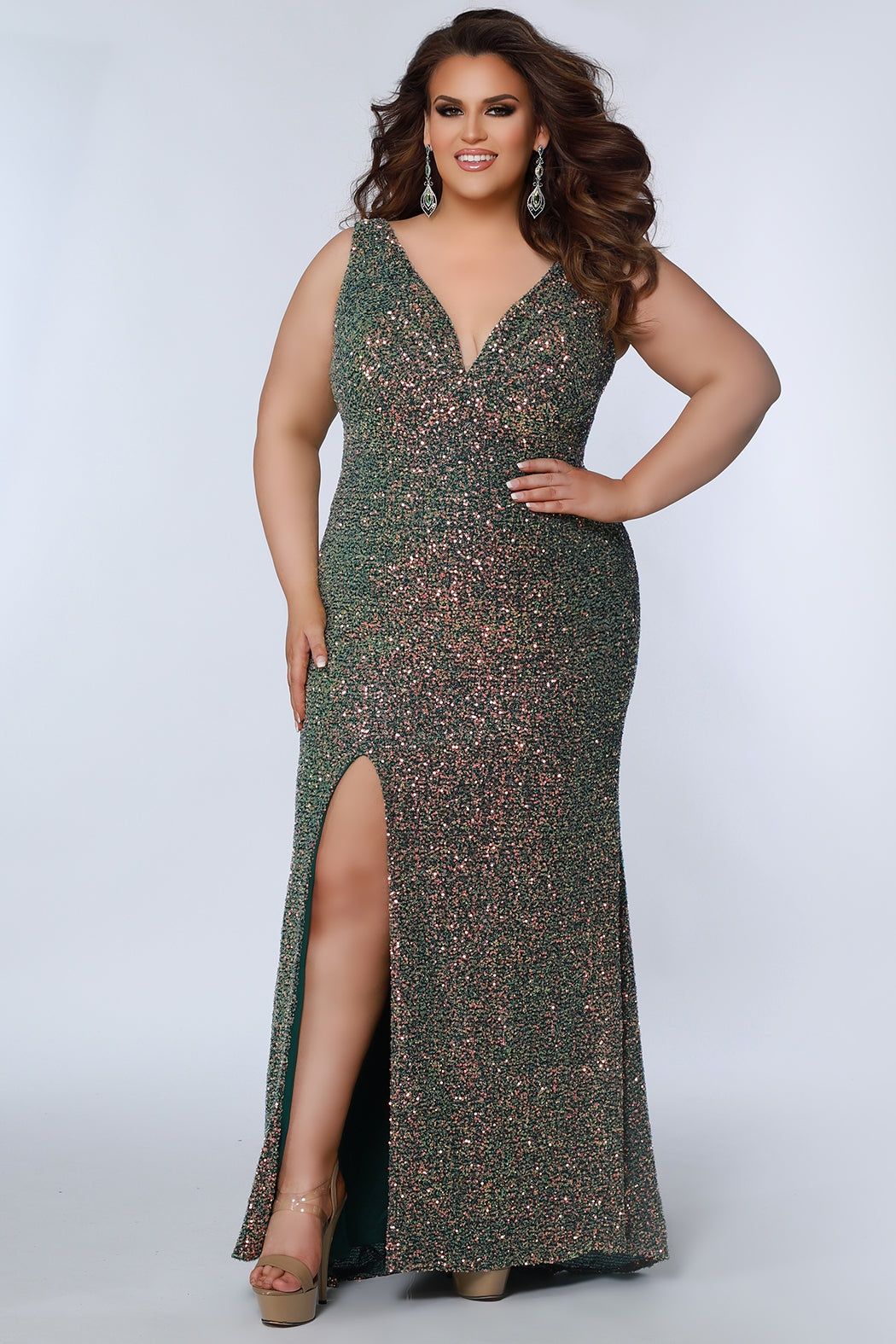 Style SC7339 Sydney's Closet Plus Size 28 Prom Sequined Green Side Slit Dress on Queenly