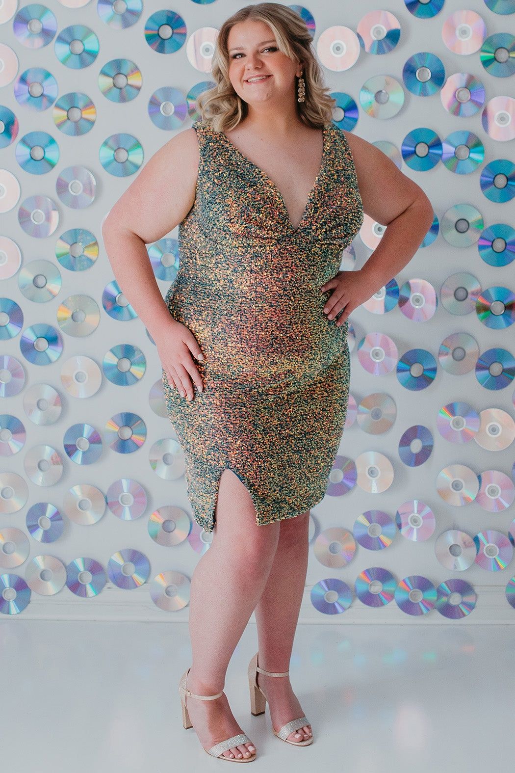 Style SC8110 Sydney's Closet Plus Size 26 Sequined Multicolor Cocktail Dress on Queenly