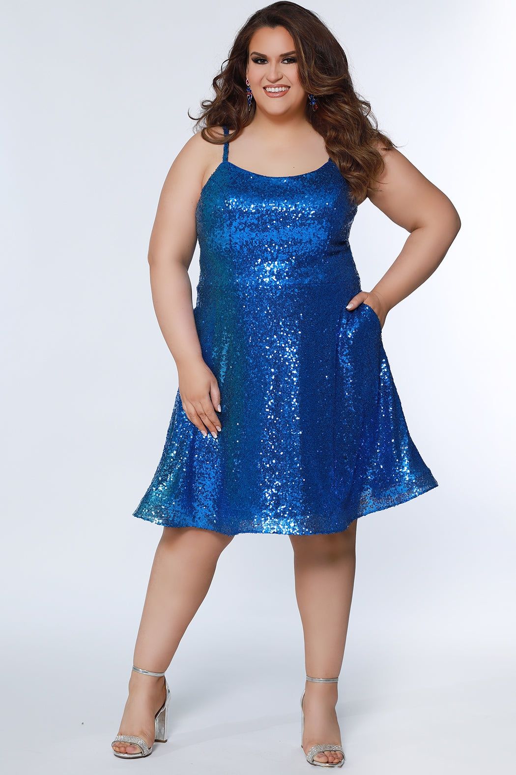 Style SC8122 Sydney's Closet Plus Size 28 Sequined Blue Cocktail Dress on Queenly