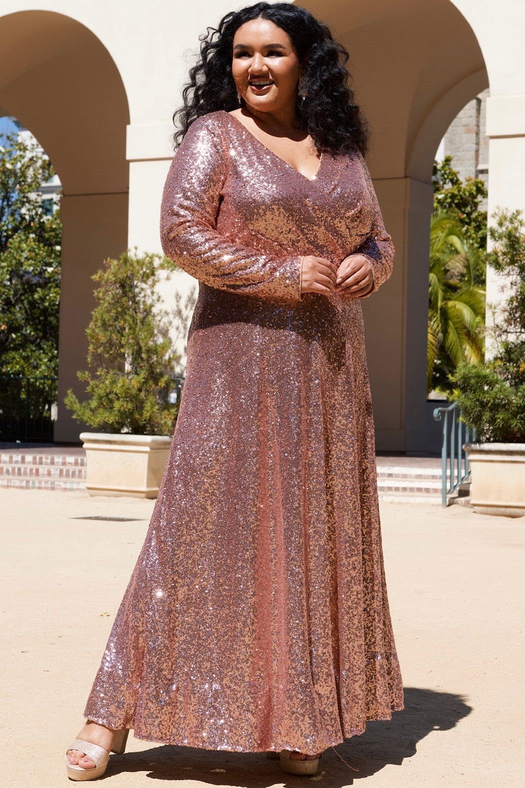 Style UPTOWN-CE2302 Sydney's Closet Plus Size 28 Prom Sequined Rose Gold Floor Length Maxi on Queenly