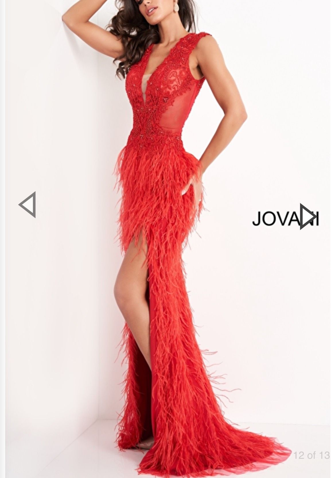 Jovani Size 10 Prom Plunge Lace Red Mermaid Dress on Queenly