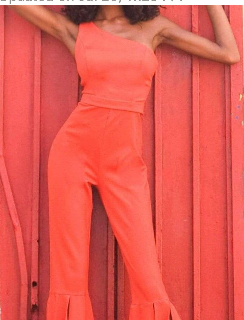 Jovani Size 10 Homecoming One Shoulder Satin Orange Formal Jumpsuit on Queenly