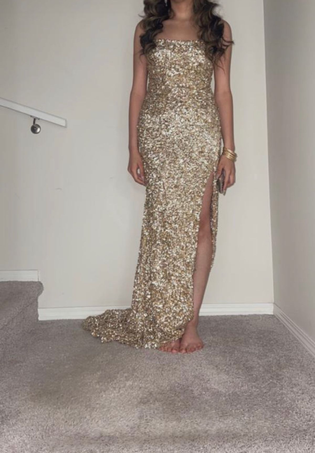 Sherri Hill Size 4 Prom Strapless Gold Side Slit Dress on Queenly