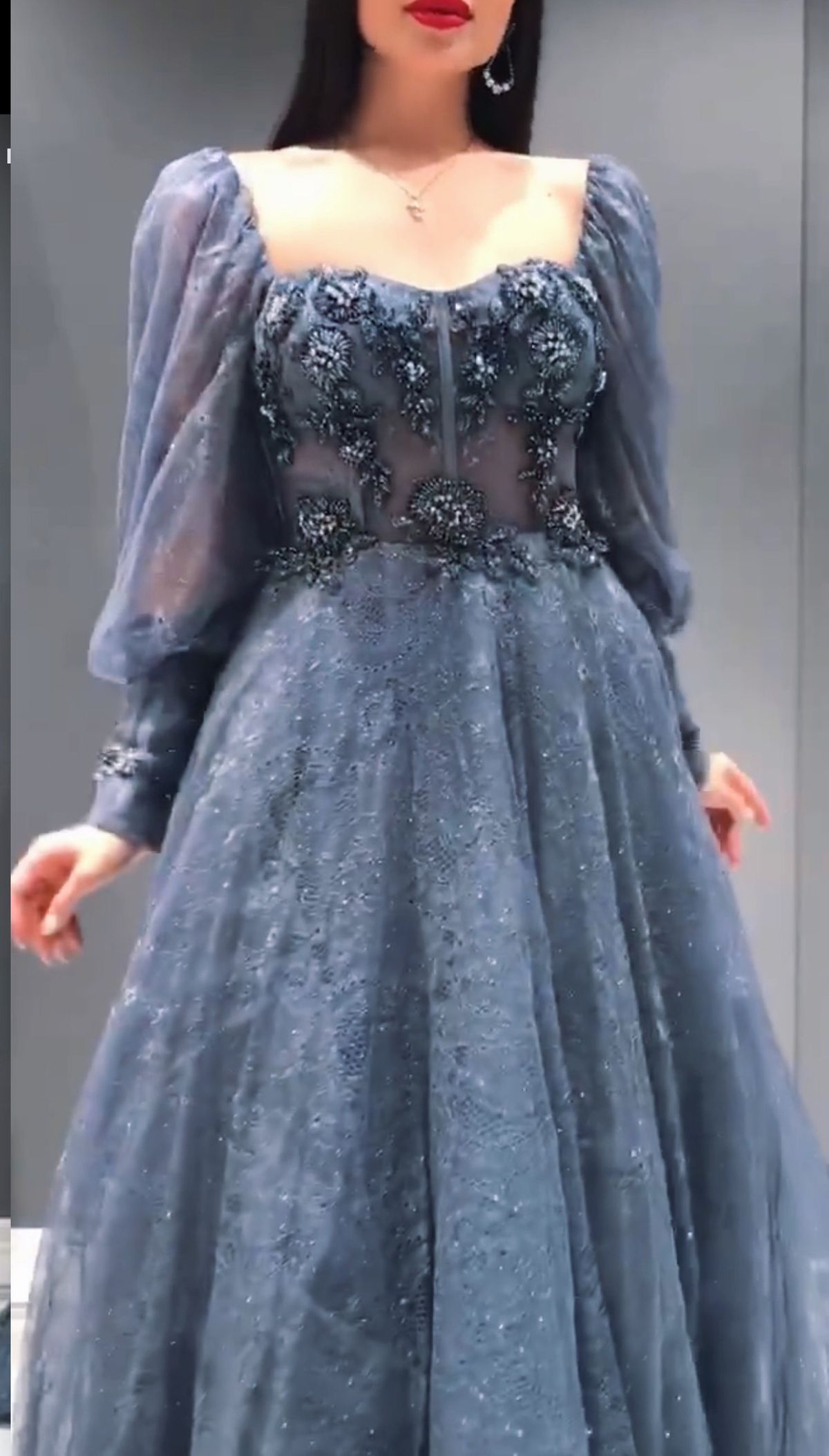 Size 12 Prom Long Sleeve Lace Blue Ball Gown on Queenly