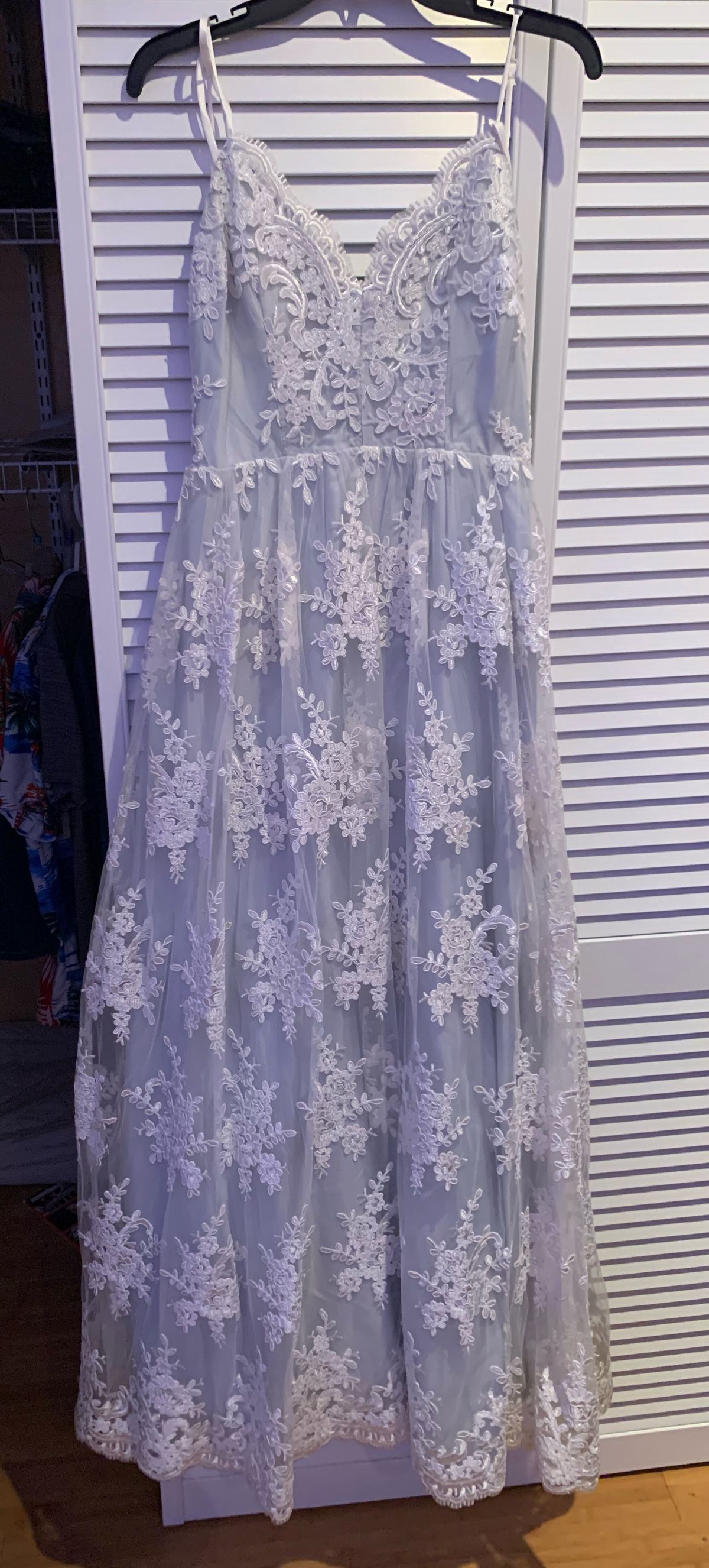 Size 12 Prom Lace Light Blue Floor Length Maxi on Queenly