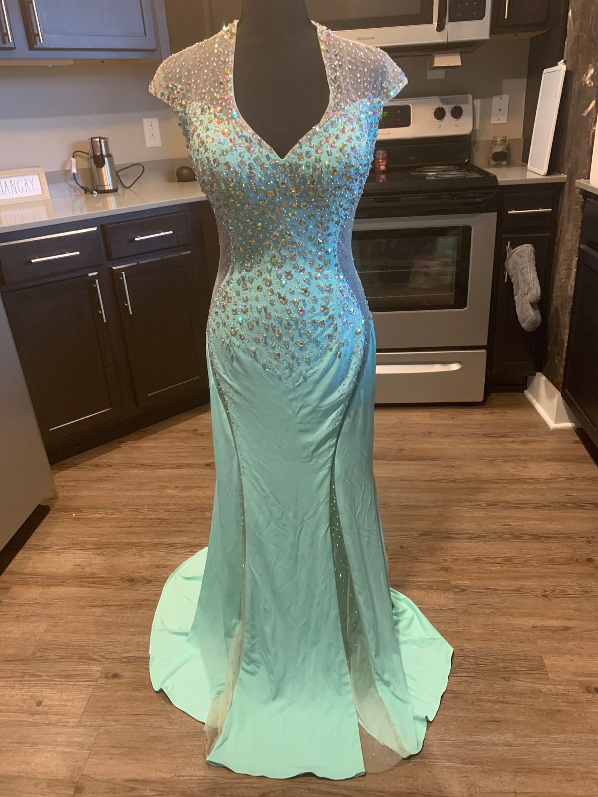 Size 6 Prom Cap Sleeve Sequined Light Green Floor Length Maxi on Queenly