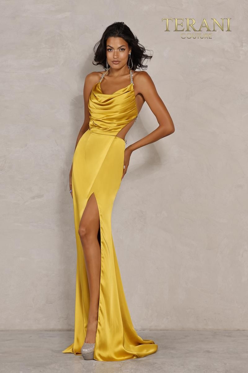 Style 2111P4201 Terani Couture Size 4 Prom Yellow Side Slit Dress on Queenly