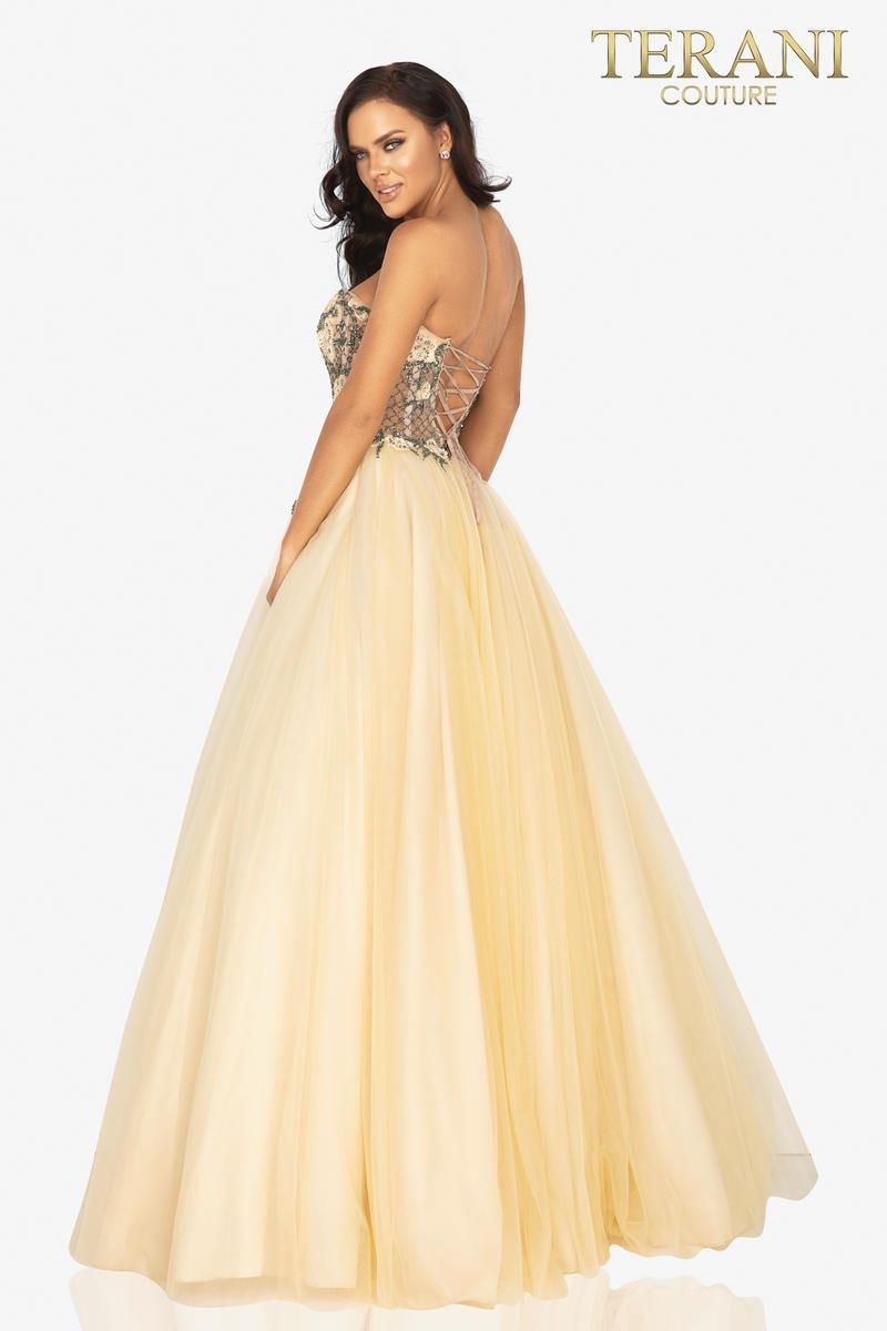 Style 2011P1149 Terani Couture Size 8 Prom Yellow Ball Gown on Queenly