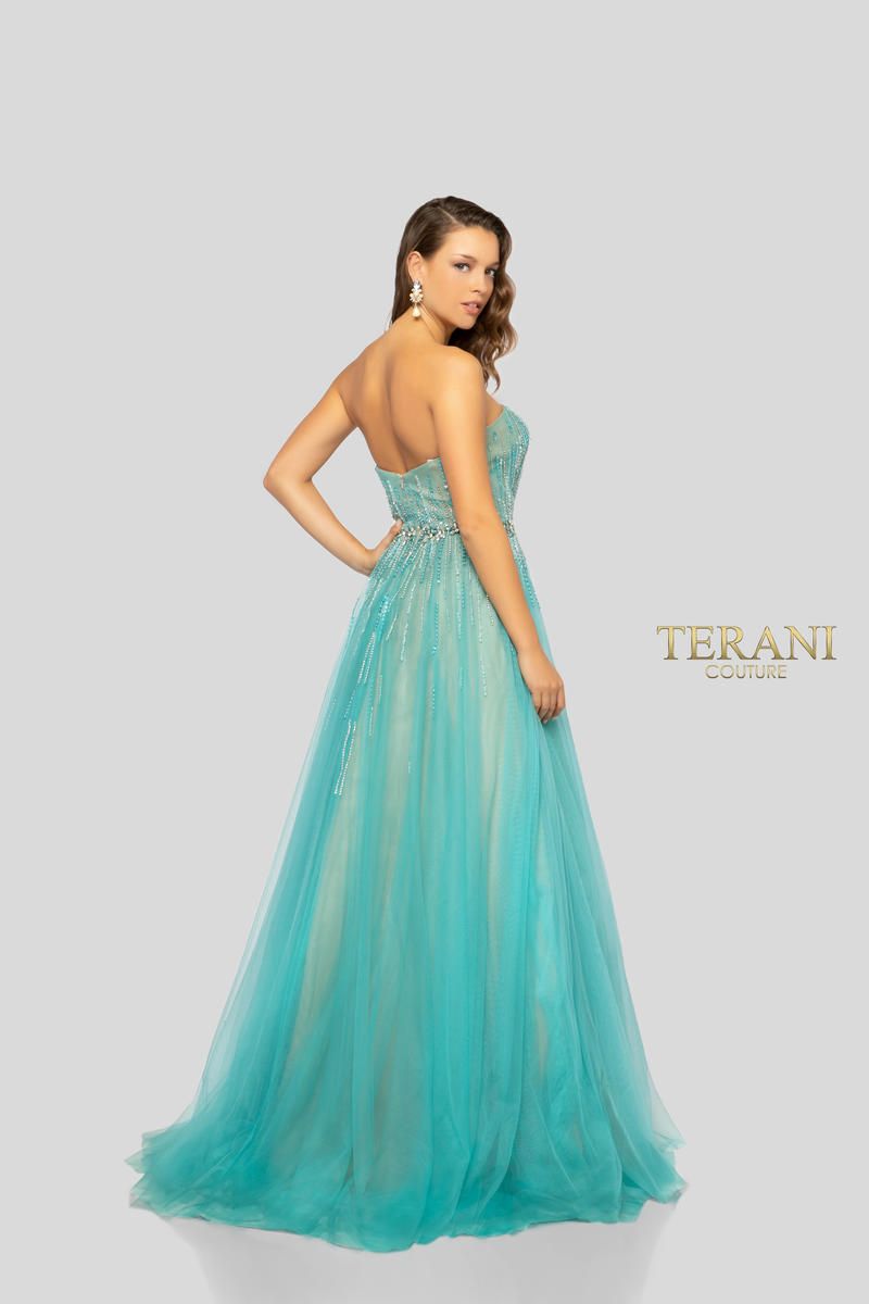 Style 1912P8557 Terani Couture Size 8 Prom Turquoise Blue Ball Gown on Queenly
