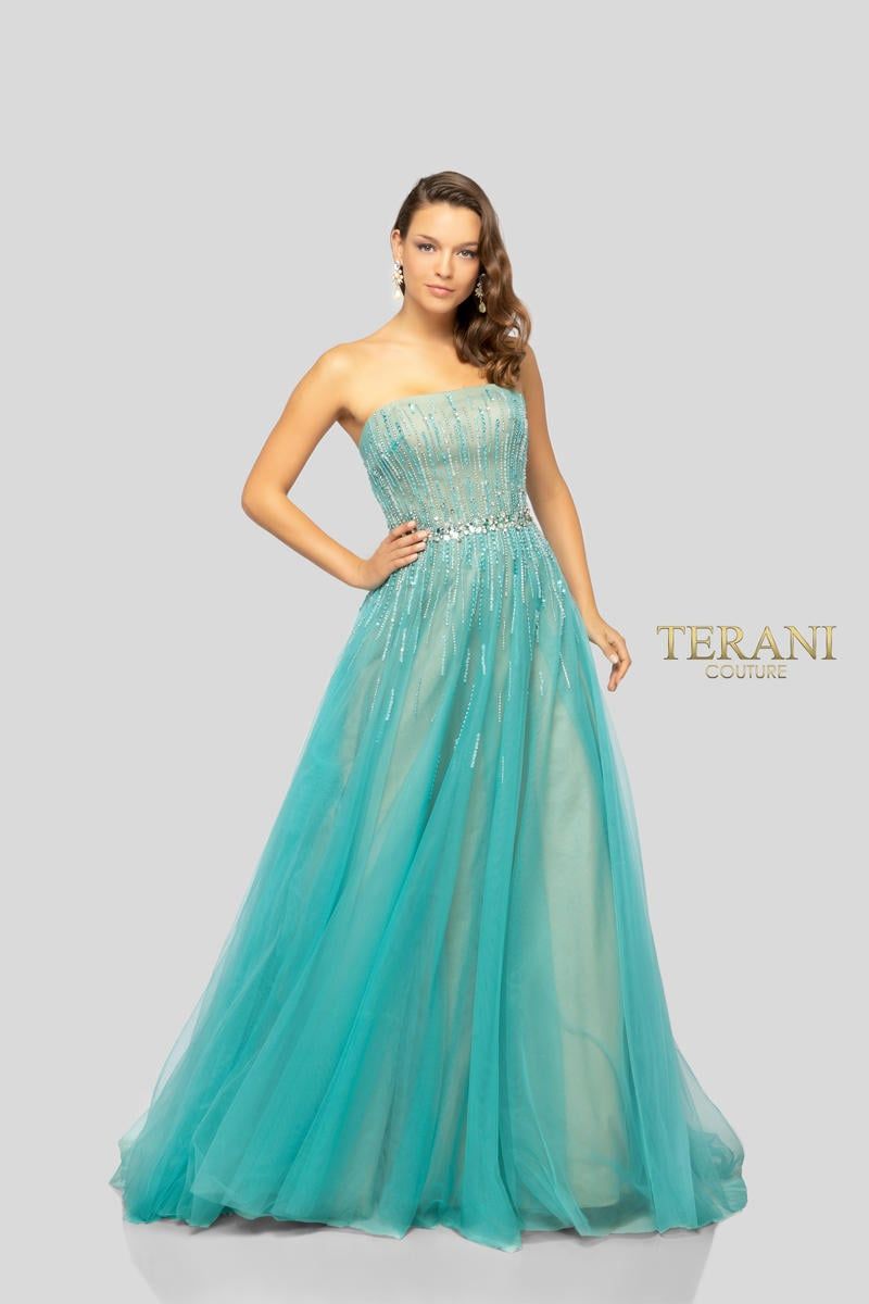 Style 1912P8557 Terani Couture Size 0 Prom Turquoise Blue Ball Gown on Queenly