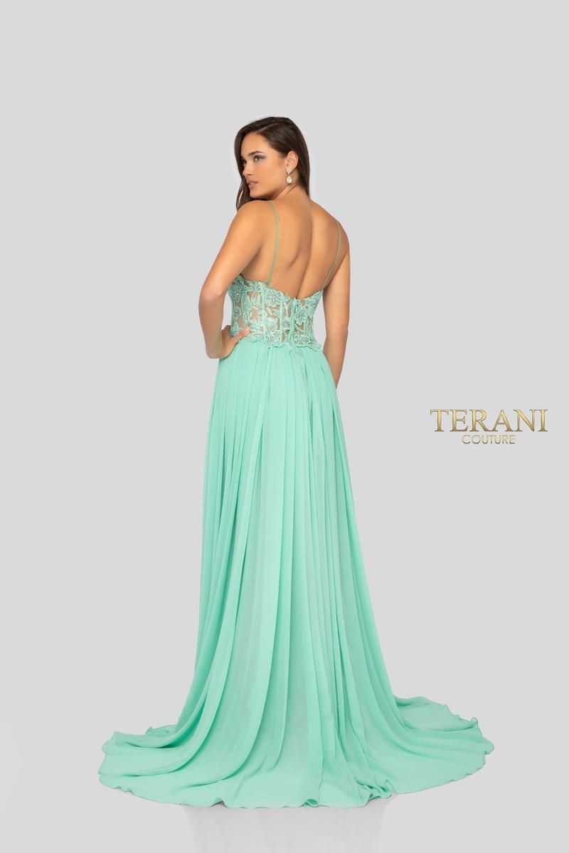 Style 1913P8324 Terani Couture Size 0 Prom Light Green Side Slit Dress on Queenly