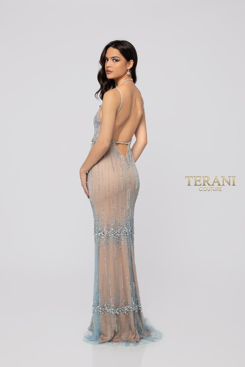 Style 1912P8222 Terani Couture Size 4 Prom Light Blue Side Slit Dress on Queenly