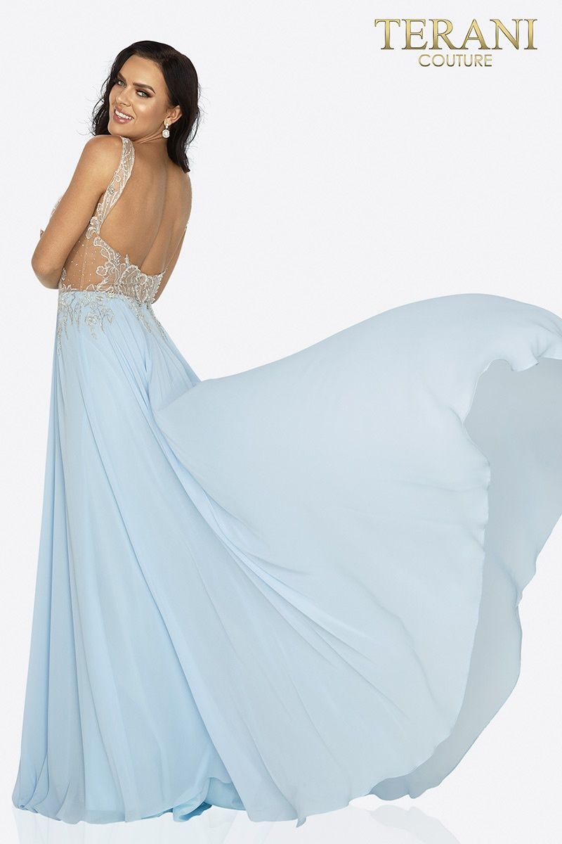Style 2011P1056 Terani Couture Size 4 Prom Light Blue Side Slit Dress on Queenly