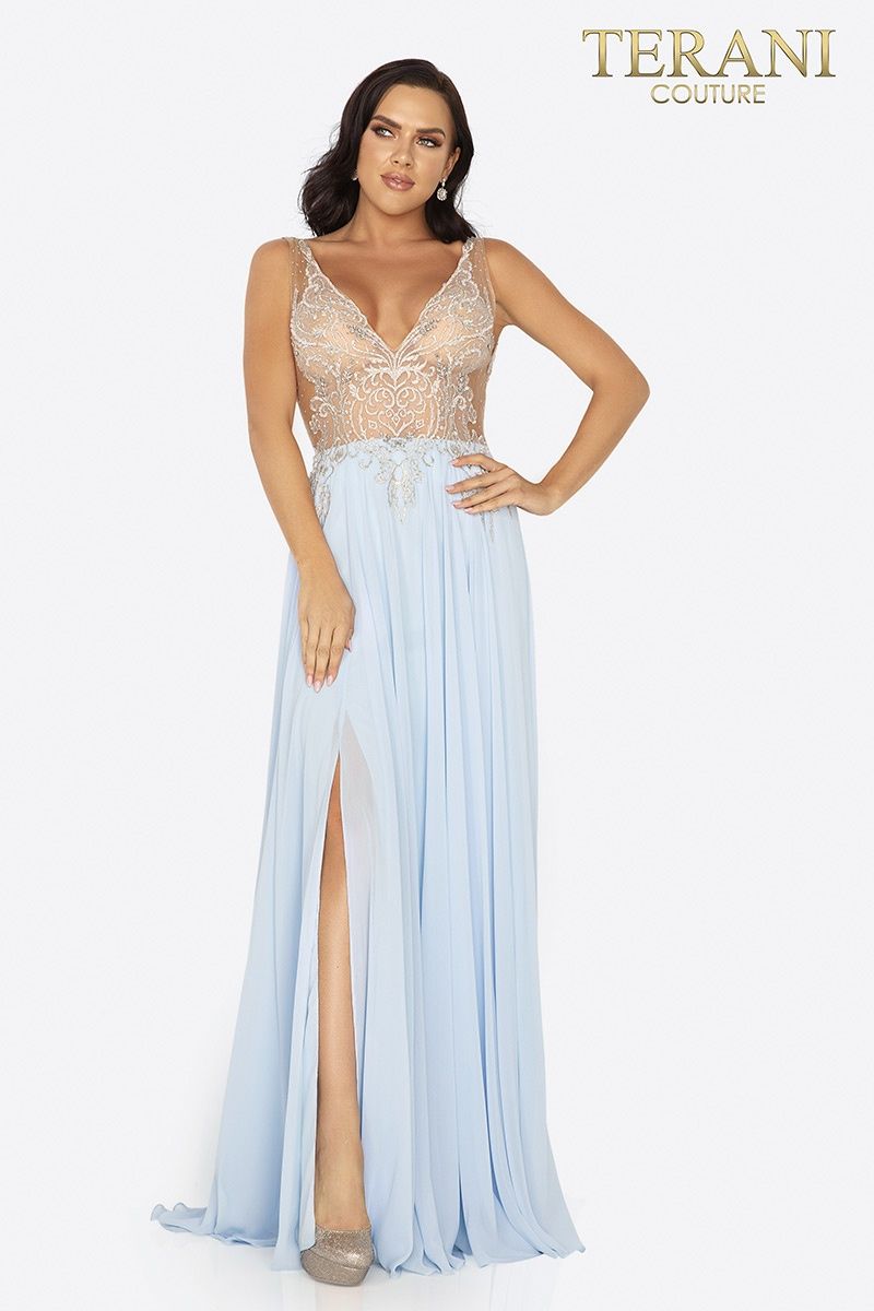 Style 2011P1056 Terani Couture Size 4 Prom Light Blue Side Slit Dress on Queenly