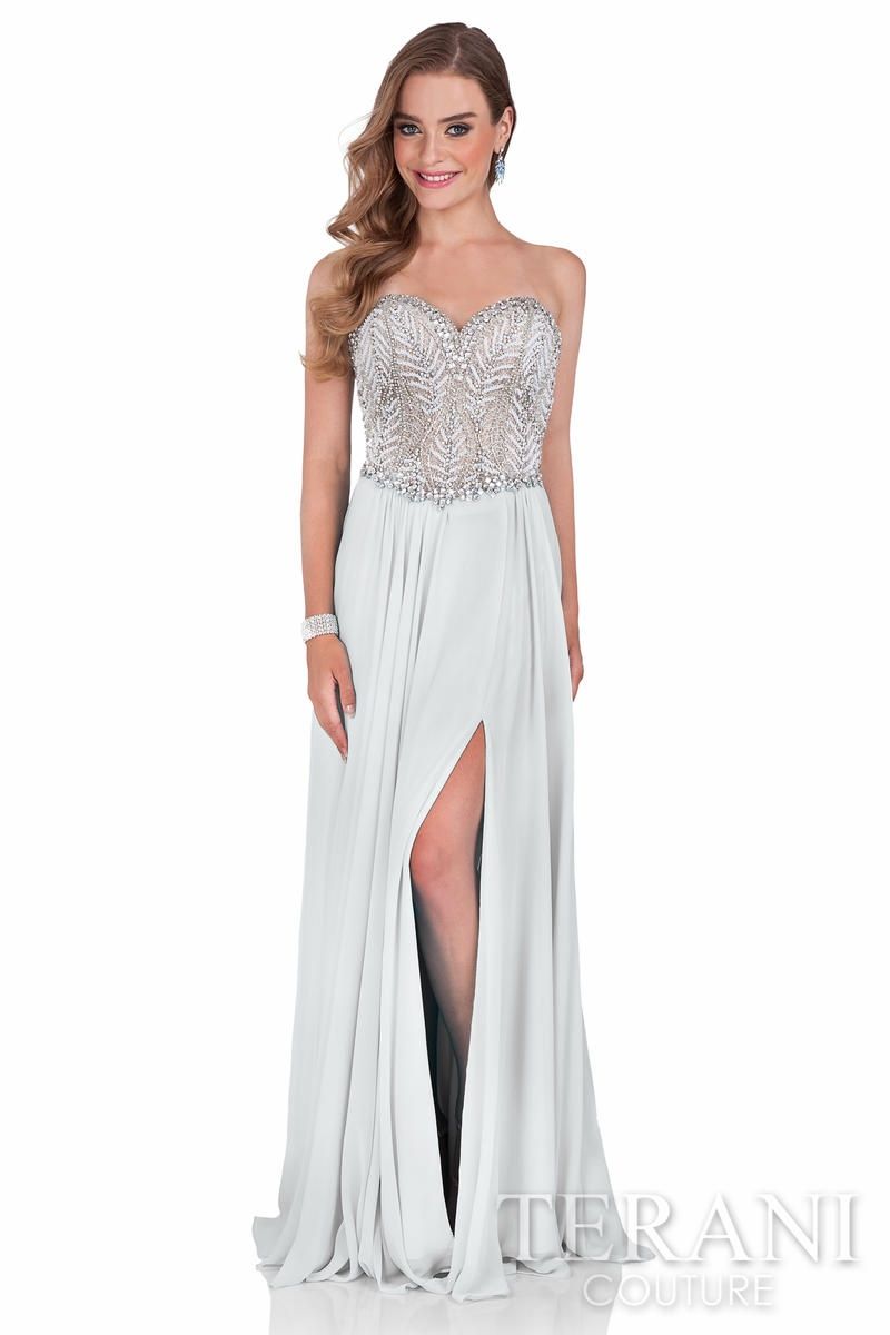 Style 1611P0207 Terani Couture Size 8 Prom Silver Side Slit Dress on Queenly