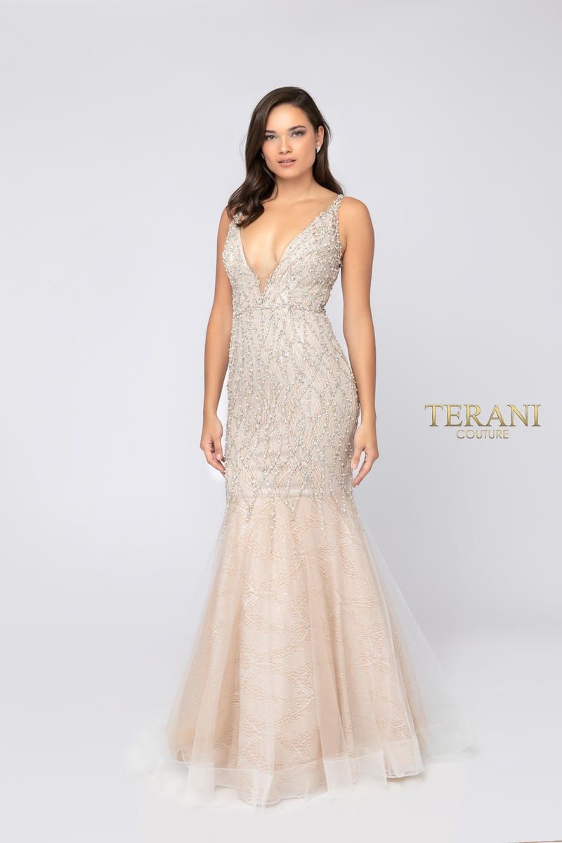 Style 1911P8352 Terani Couture Size 0 Prom Nude Mermaid Dress on Queenly