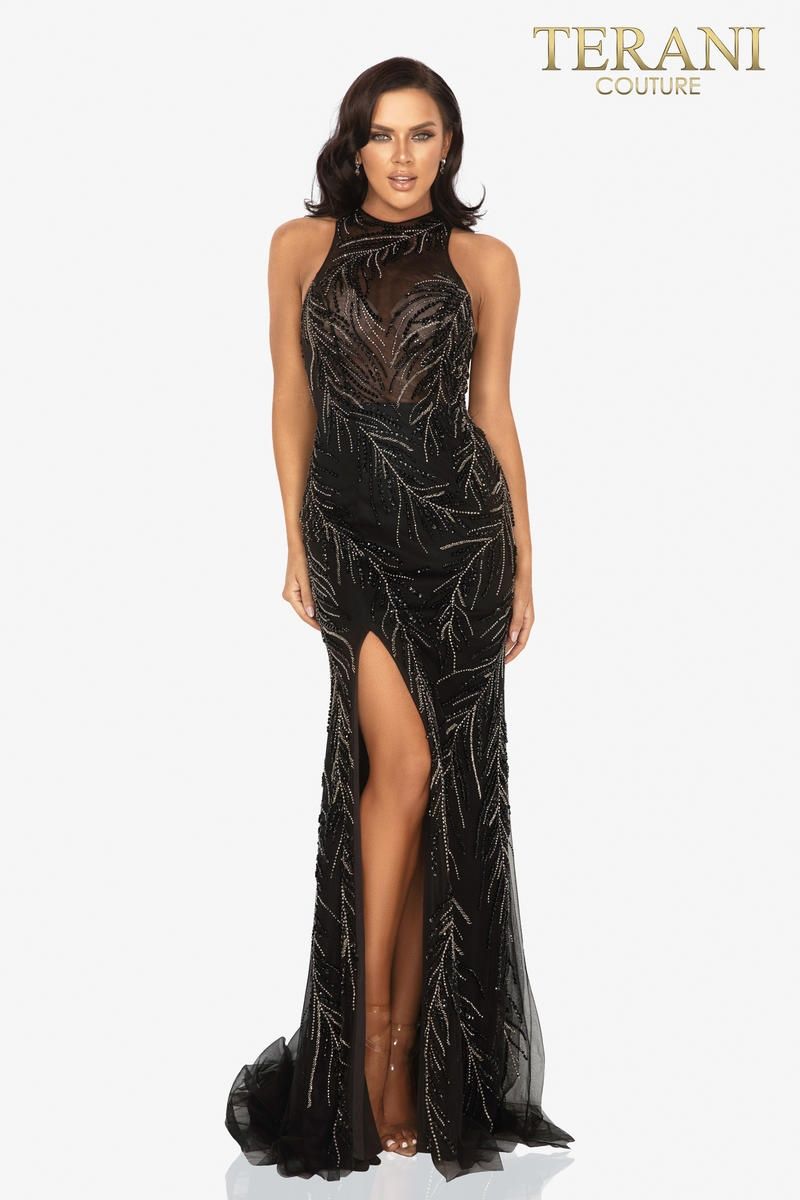 Style 2011P1058 Terani Couture Size 4 Prom Black Side Slit Dress on Queenly