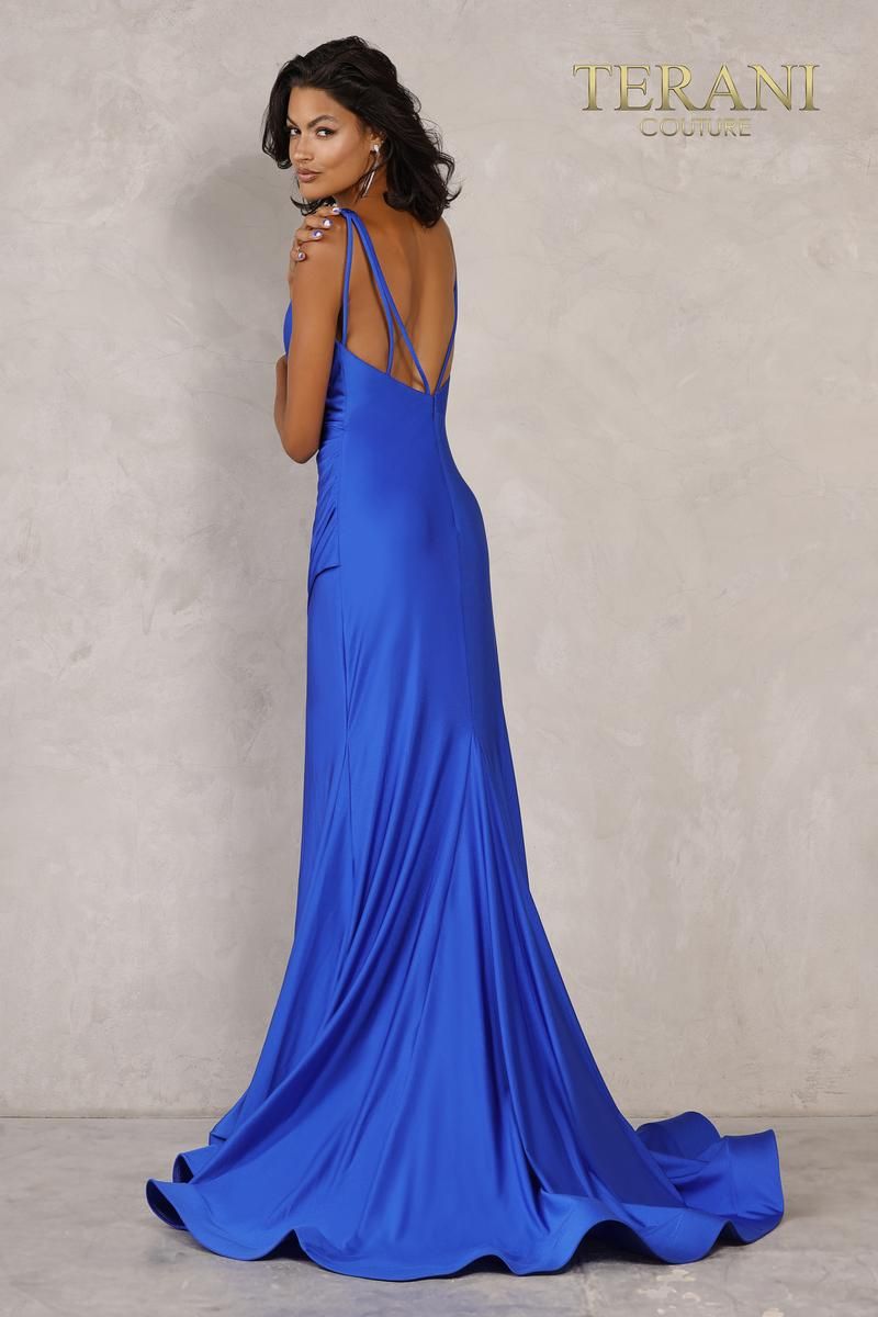 Style 2111P4037 Terani Couture Size 10 Prom Royal Blue Side Slit Dress on Queenly