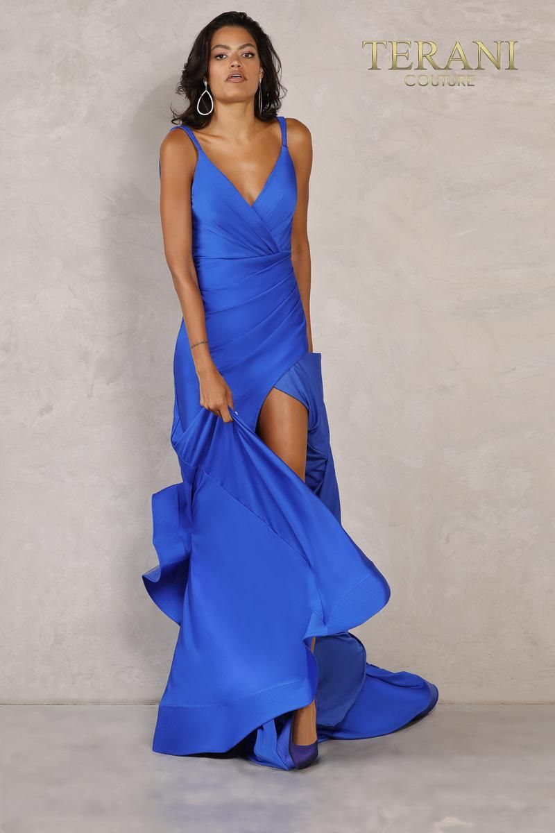 Style 2111P4037 Terani Couture Size 4 Prom Royal Blue Side Slit Dress on Queenly