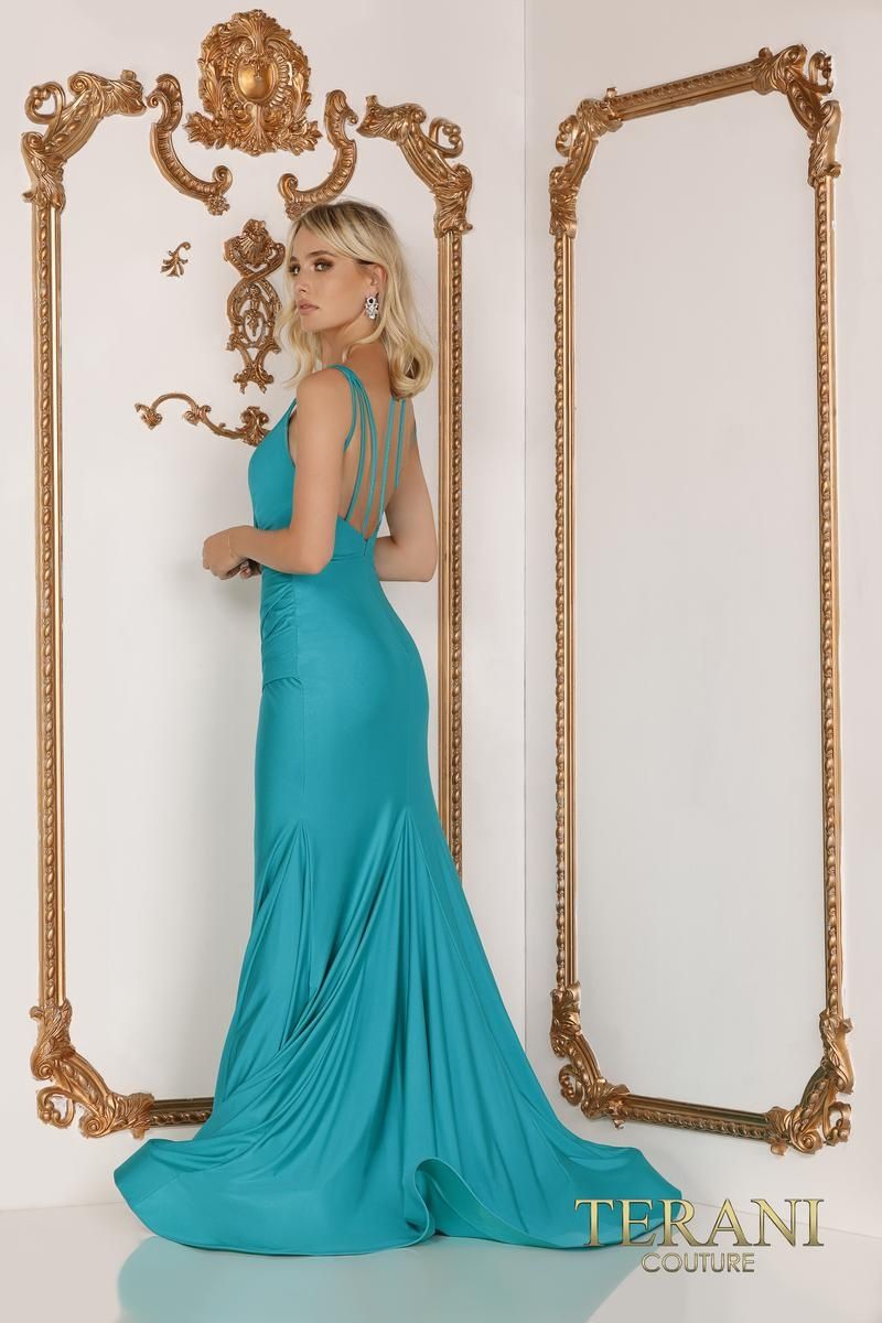 Style 2111P4037 Terani Couture Size 8 Prom Blue Side Slit Dress on Queenly