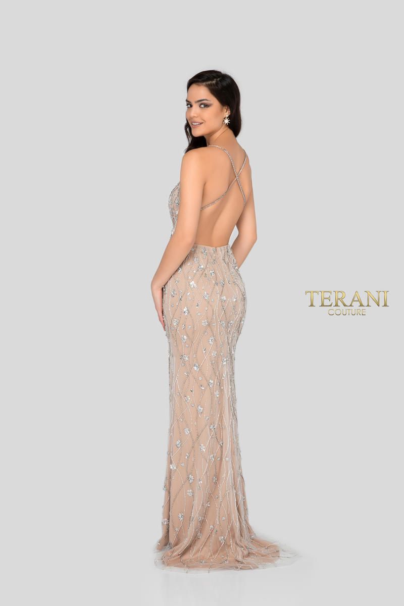 Style 1911P8112 Terani Couture Size 4 Prom Sequined Nude Side Slit Dress on Queenly