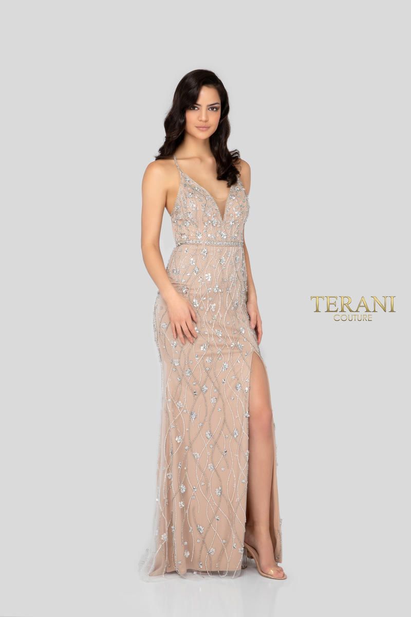 Style 1911P8112 Terani Couture Size 4 Prom Sequined Nude Side Slit Dress on Queenly