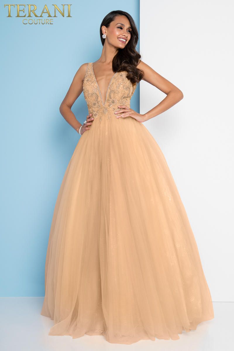 Style 1811P5824 Terani Couture Size 10 Prom Nude Ball Gown on Queenly