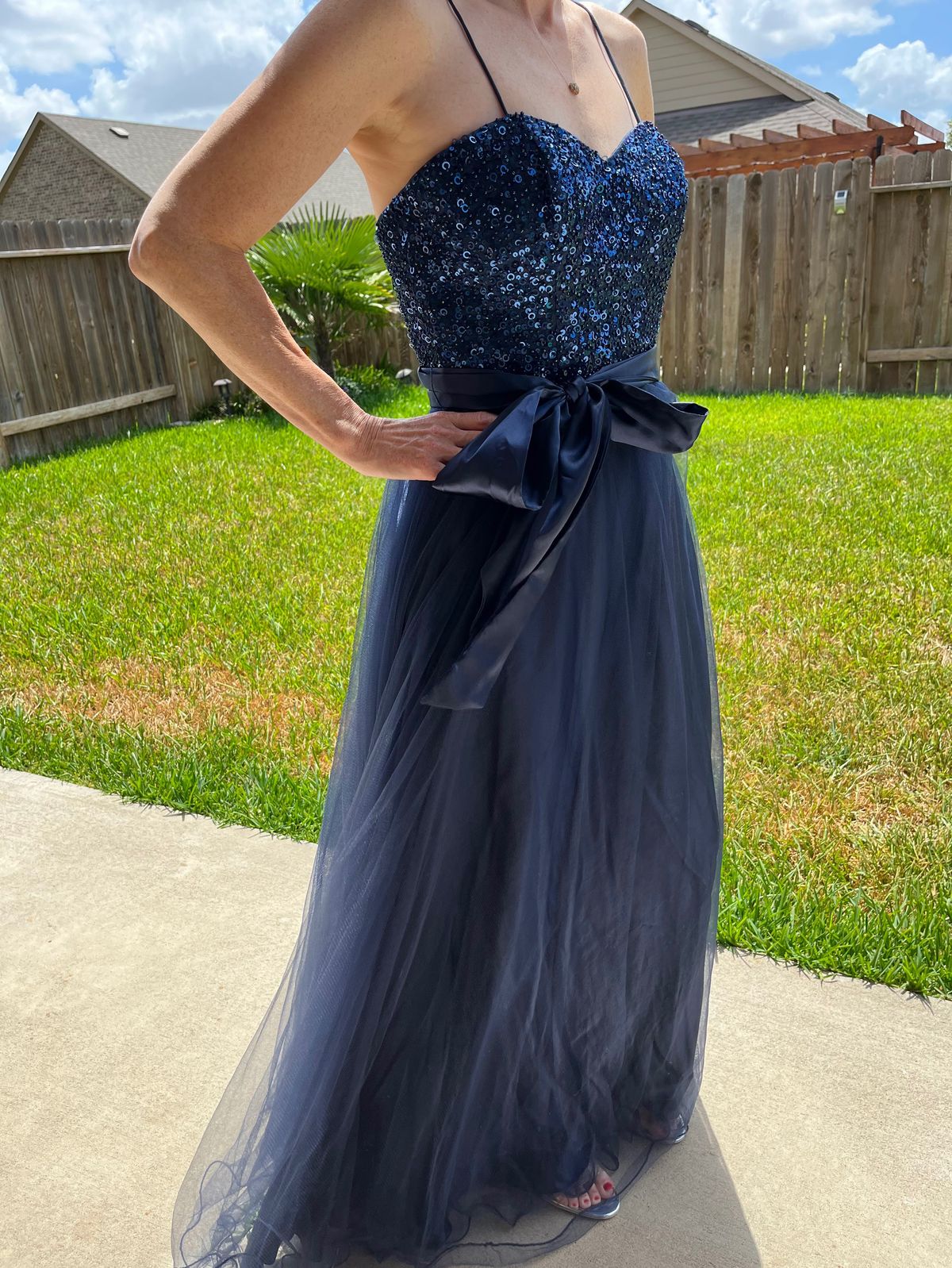 Size 4 Prom Strapless Satin Navy Blue A-line Dress on Queenly