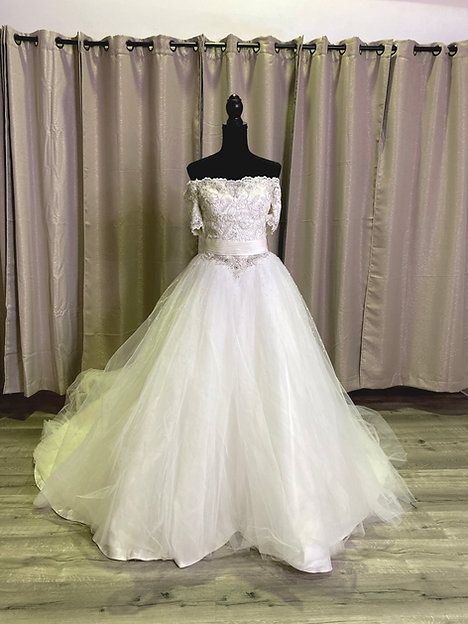 Style SA18 Custom Size 4 Wedding Off The Shoulder Satin White Ball Gown on Queenly