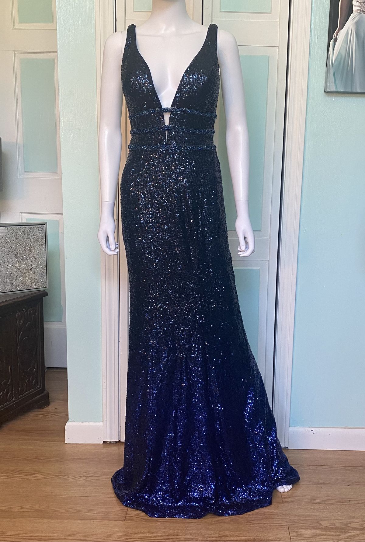 Jovani Size 4 Prom Plunge Sequined Royal Blue Mermaid Dress on Queenly