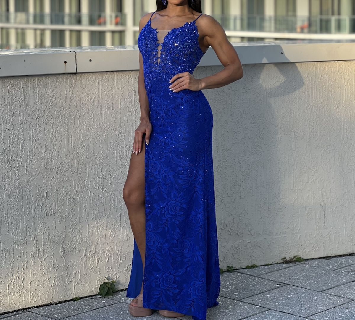Clarisse Size 2 Prom Lace Royal Blue Side Slit Dress on Queenly