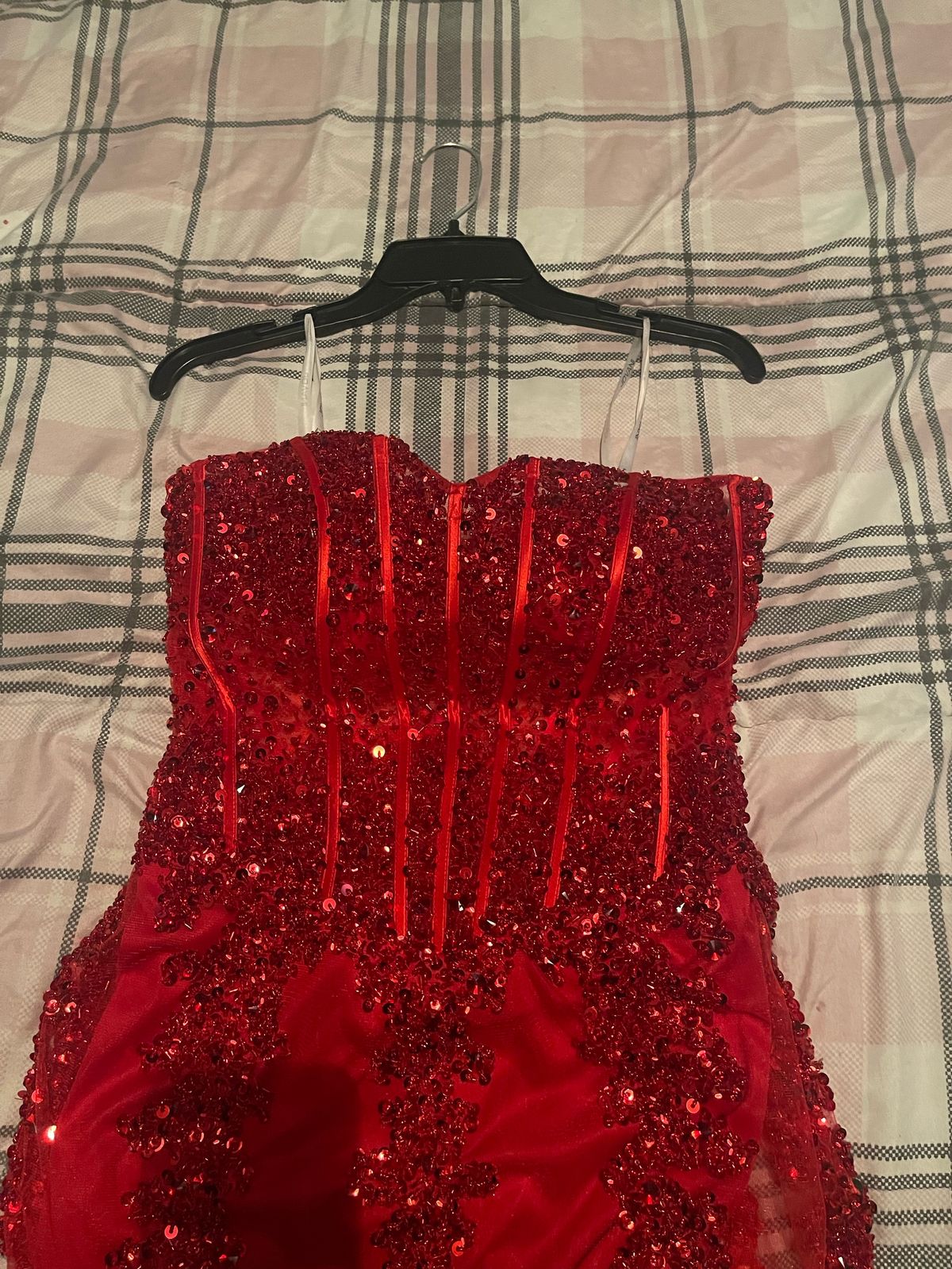 Jovani Size 4 Prom Strapless Sequined Red Mermaid Dress on Queenly