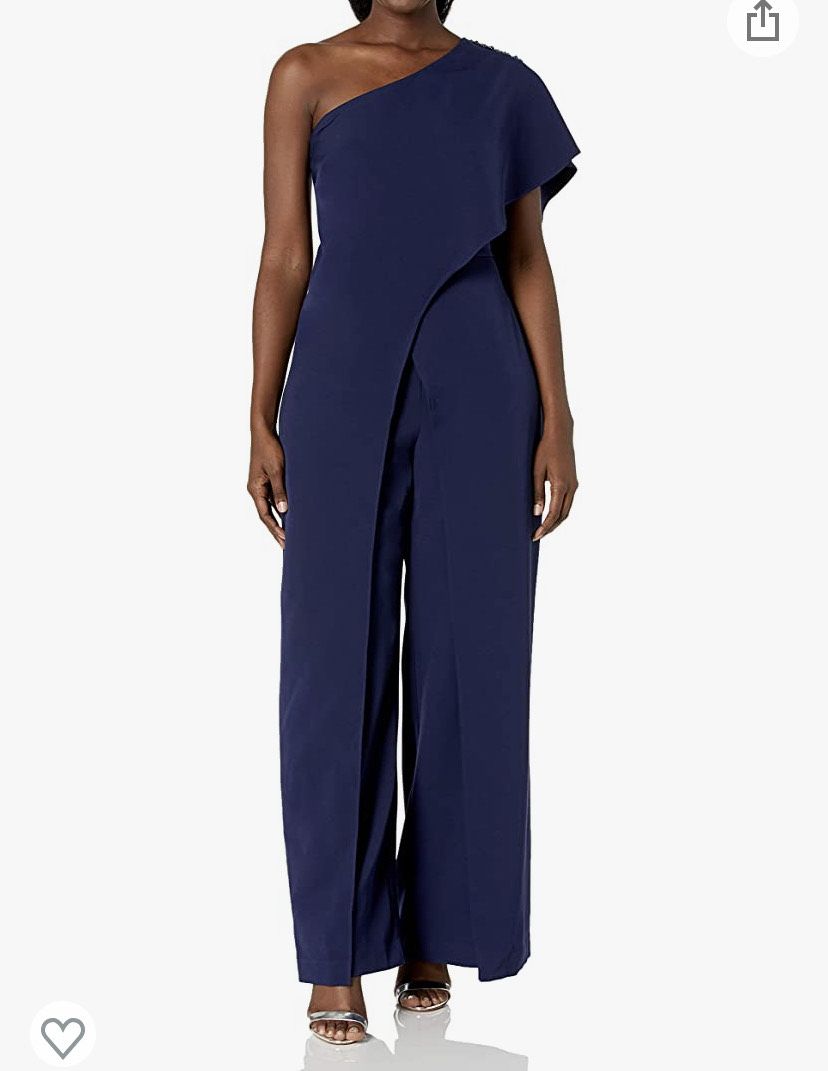S.L. Fashions New York Plus Size 16 One Shoulder Navy Blue Formal Jumpsuit on Queenly