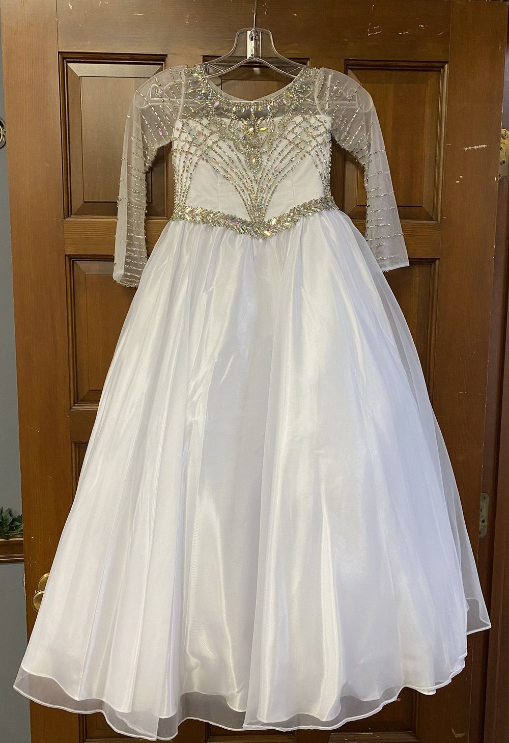 Style LR2380 Little Rosie Girls Size 6 Pageant Long Sleeve Sequined White Ball Gown on Queenly