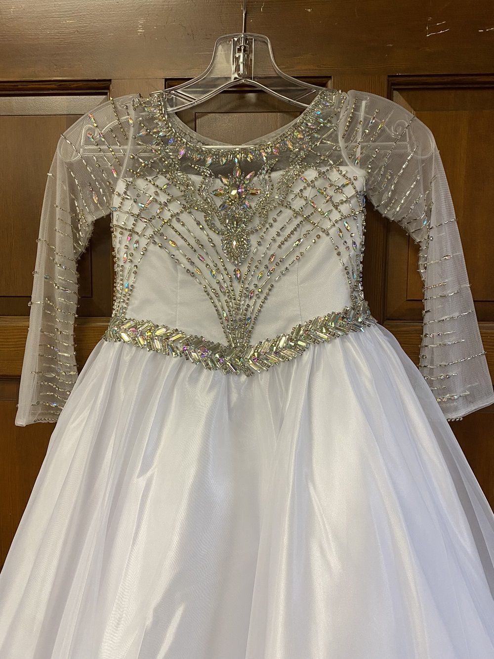 Style LR2380 Little Rosie Girls Size 6 Pageant Long Sleeve Sequined White Ball Gown on Queenly