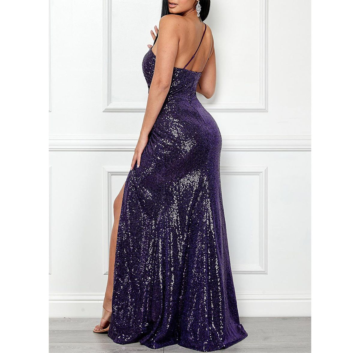 Style Mauve Sequined Sleeveless One Shoulder Ruched Side Slit Formal Gown Maniju  Size 8 One Shoulder Purple Side Slit Dress on Queenly