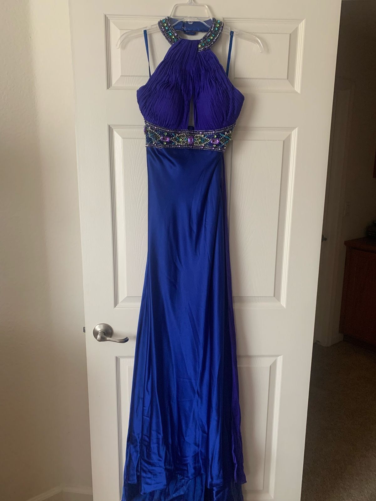 Size 4 Prom High Neck Sequined Royal Blue Floor Length Maxi on Queenly