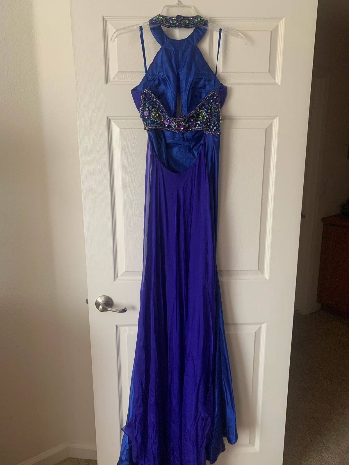 Size 4 Prom High Neck Sequined Royal Blue Floor Length Maxi on Queenly